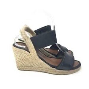 Dalson Espadrilles Black Leather Elastic Strap Wedge Sandals Made in Spain‎ 37